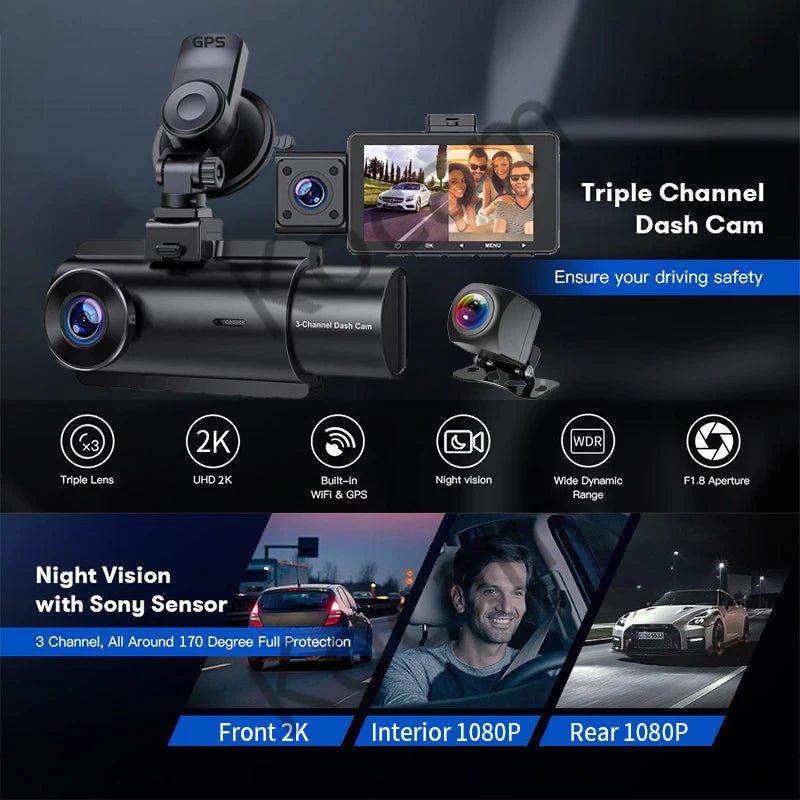 3 Channel Dash Cam Front Inside Rear Three Way Car Dash Camera, 2K+1080P Dual Channel With GPS WiFi IR Night Vision Camcorder - Zarre