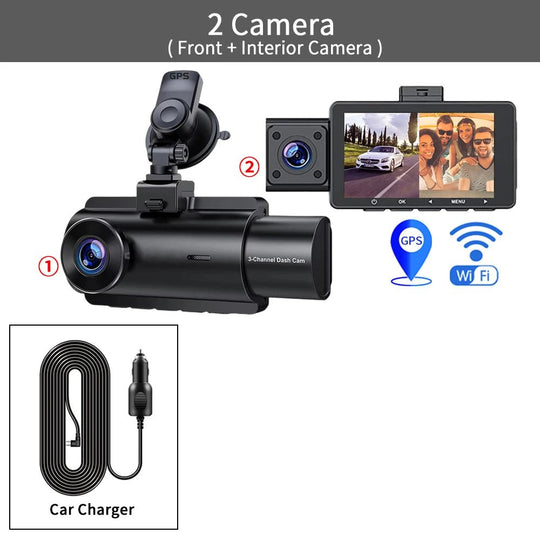 3 Channel Dash Cam Front Inside Rear Three Way Car Dash Camera, 2K+1080P Dual Channel With GPS WiFi IR Night Vision Camcorder - Zarre