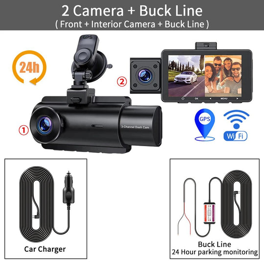 3 Channel Dash Cam Front Inside Rear Three Way Car Dash Camera, 2K+1080P Dual Channel With GPS WiFi IR Night Vision Camcorder - Zarre