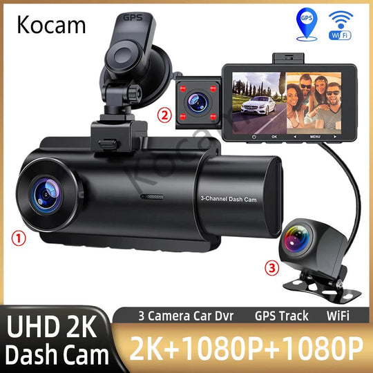 3 Channel Dash Cam Front Inside Rear Three Way Car Dash Camera, 2K+1080P Dual Channel With GPS WiFi IR Night Vision Camcorder - Zarre