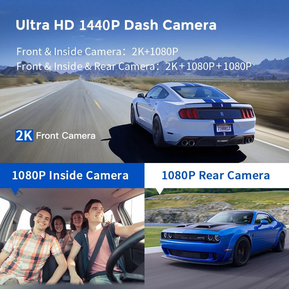 3 Channel Dash Cam Front Inside Rear Three Way Car Dash Camera, 2K+1080P Dual Channel With GPS WiFi IR Night Vision Camcorder - Zarre