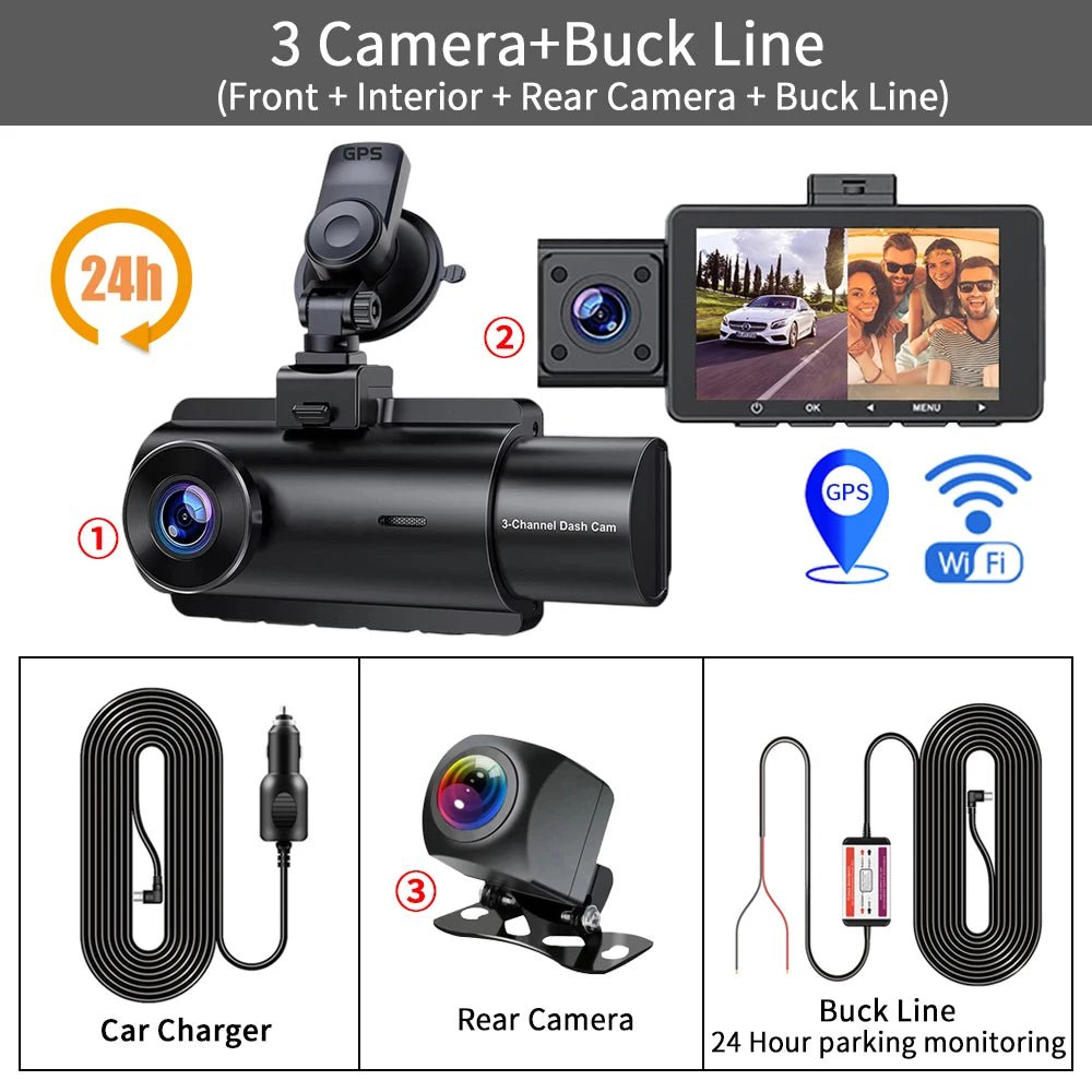 3 Channel Dash Cam Front Inside Rear Three Way Car Dash Camera, 2K+1080P Dual Channel With GPS WiFi IR Night Vision Camcorder - Zarre