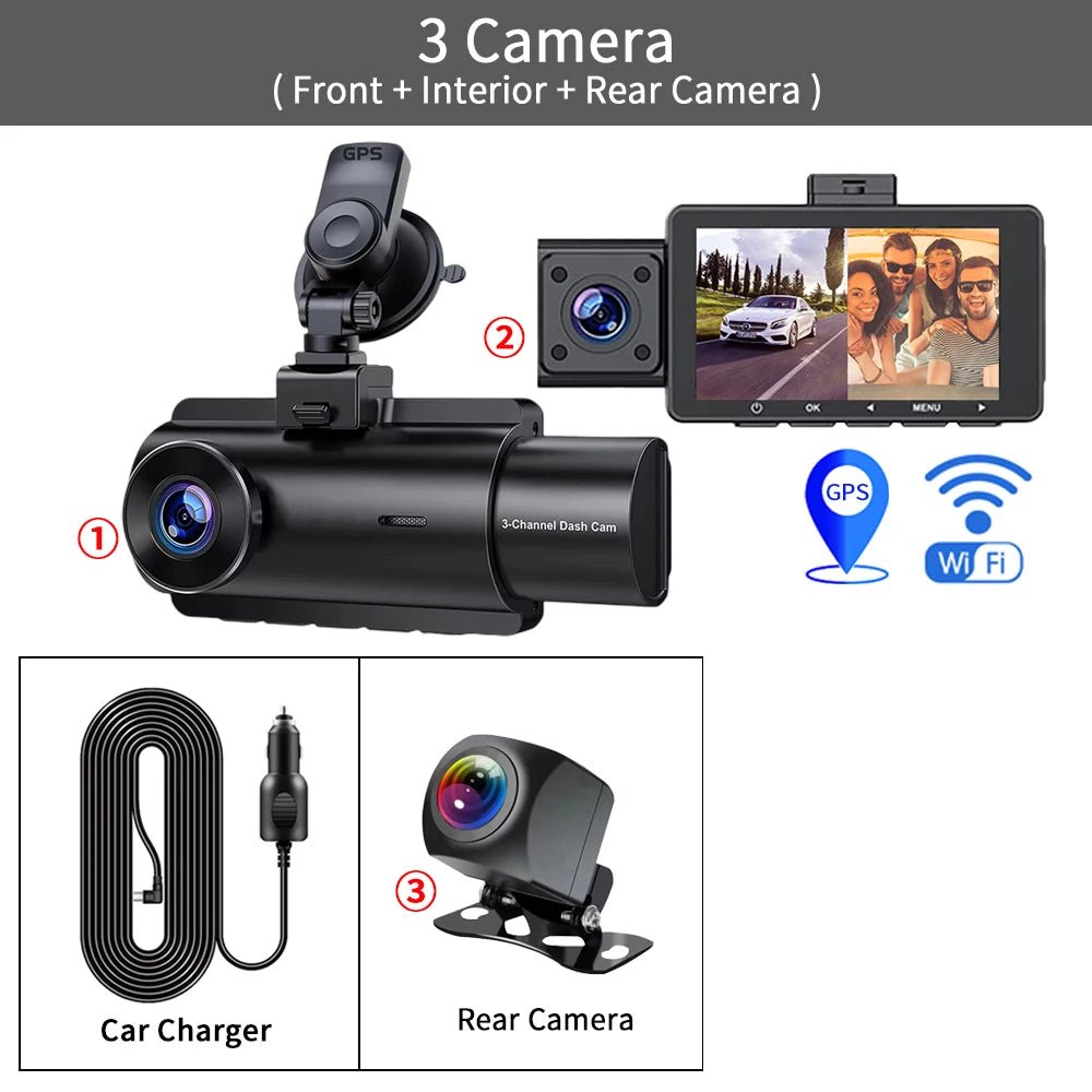 3 Channel Dash Cam Front Inside Rear Three Way Car Dash Camera, 2K+1080P Dual Channel With GPS WiFi IR Night Vision Camcorder - Zarre