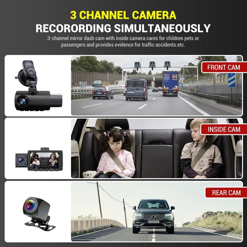 3 Channel Dash Cam Front Inside Rear Three Way Car Dash Camera, 2K+1080P Dual Channel With GPS WiFi IR Night Vision Camcorder - Zarre