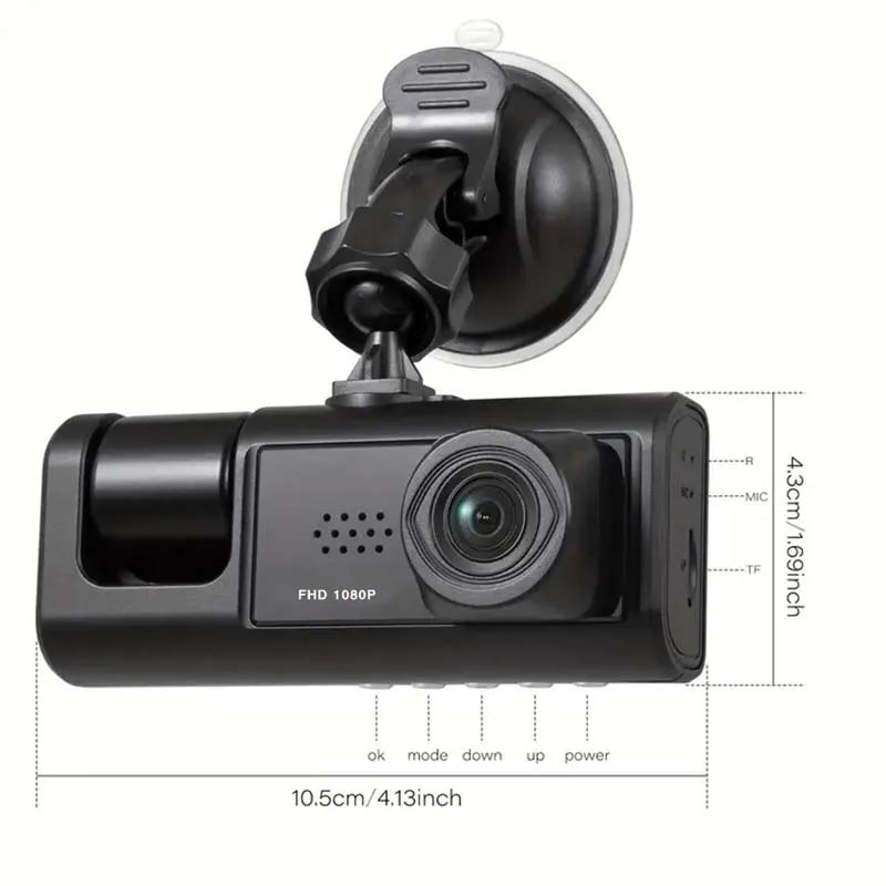 Dash Cam W/ IR Night Vision Loop Recording & 2" IPS Screen 1080P 3 Camera - Zarre