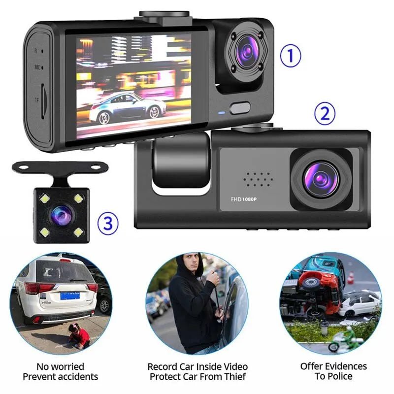 Dash Cam W/ IR Night Vision Loop Recording & 2" IPS Screen 1080P 3 Camera - Zarre