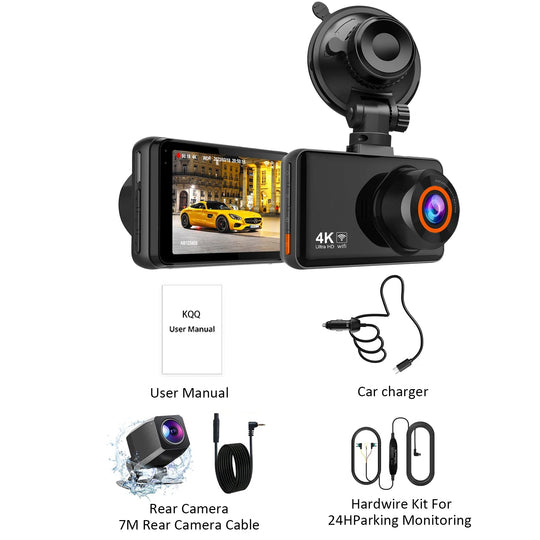 KQQ 4K WiFi Dash Cam for Cars Front and Rear Dual Lens Auto Dashcam Time-lapse Video Built-in Wifi Support 24H Parking Monitor - Zarre