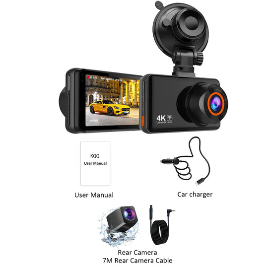 KQQ 4K WiFi Dash Cam for Cars Front and Rear Dual Lens Auto Dashcam Time-lapse Video Built-in Wifi Support 24H Parking Monitor - Zarre