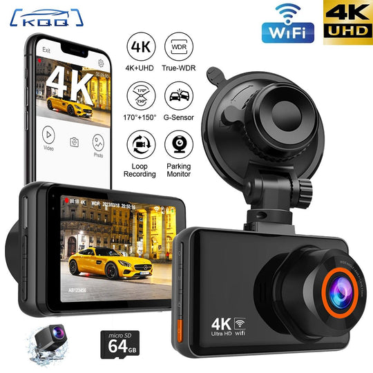 KQQ 4K WiFi Dash Cam for Cars Front and Rear Dual Lens Auto Dashcam Time-lapse Video Built-in Wifi Support 24H Parking Monitor - Zarre