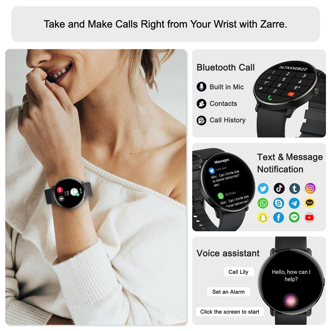 Zarre Smart Watch For Women: Fitness Tracker, Waterproof, Heart Rate Monitor, Call & Message Alerts, Running Mode, Compatible with iPhone & Android - Zarre